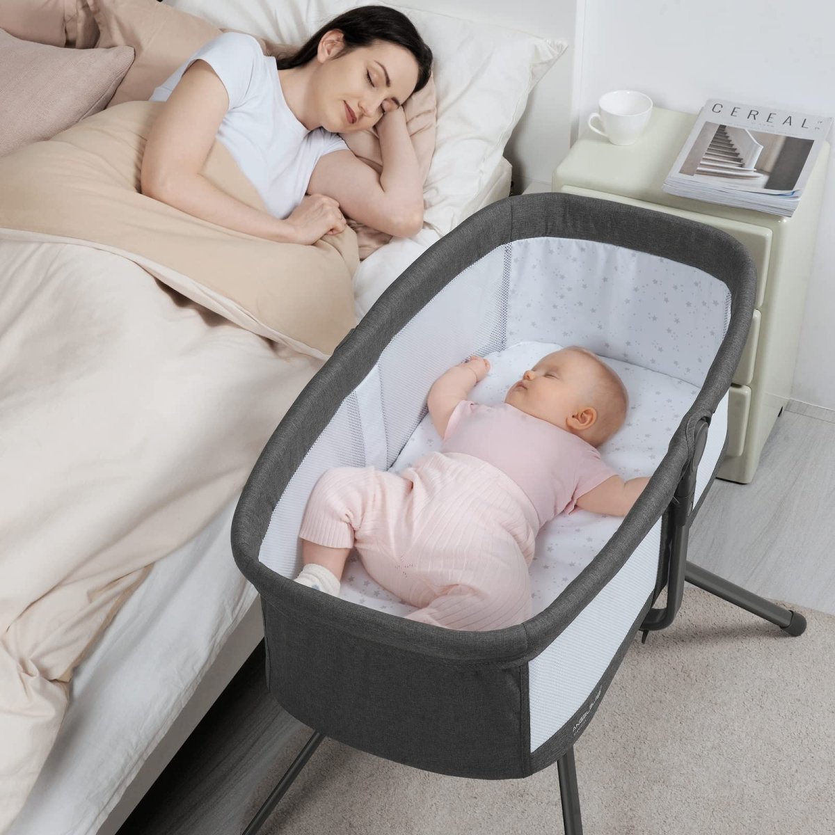 ANGELBLISS 3 in 1 Rocking Bassinet & Baby Portable Travel Bedside Crib, Side to Side Manual Rocking Motion Bassinet, Mattress Included (Black) - LittleTreasures