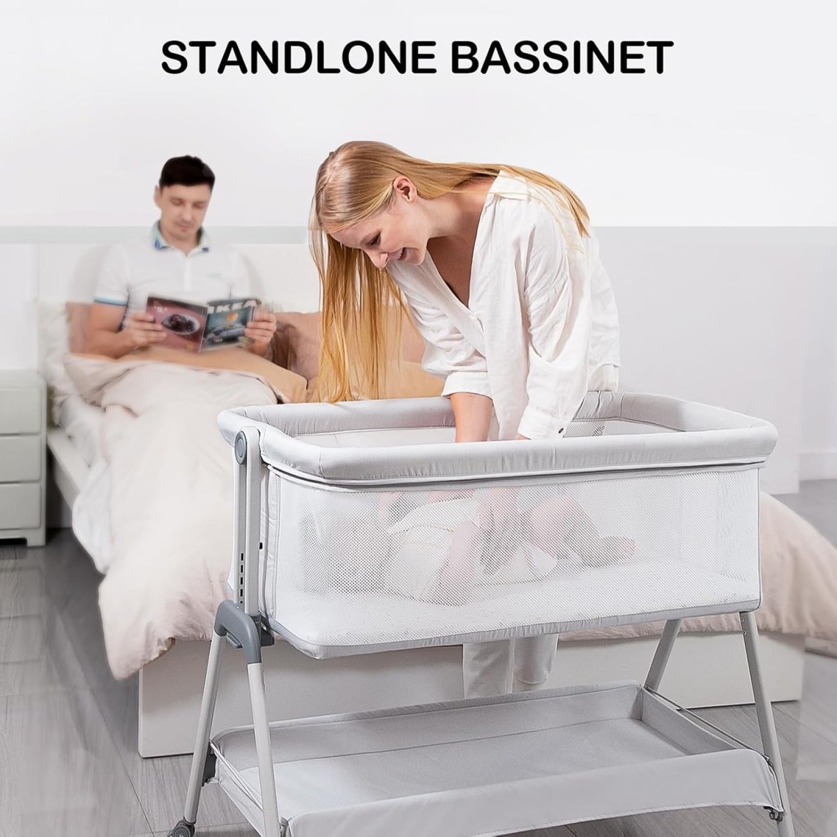 ANGELBLISS Baby Bassinet Bedside Sleeper, Easy Folding Portable Bassinet for Baby with Wheels, Adjustable Height, Included Mattress - LittleTreasures