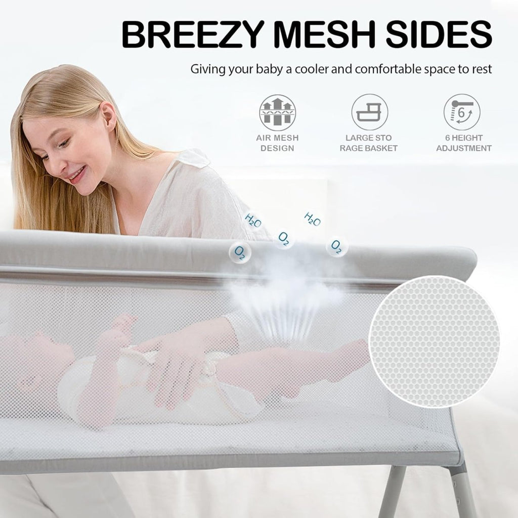 ANGELBLISS Baby Bassinet Bedside Sleeper, Easy Folding Portable Bassinet for Baby with Wheels, Adjustable Height, Included Mattress - LittleTreasures