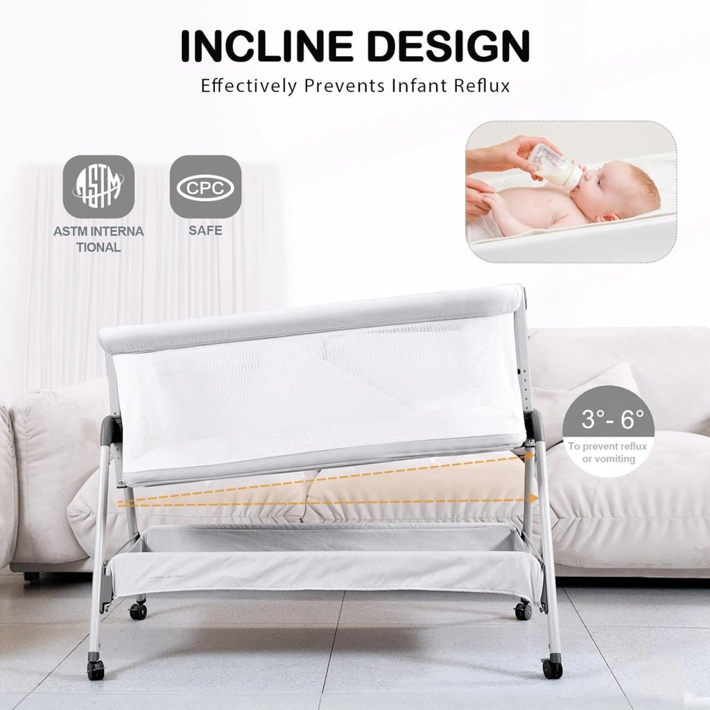 ANGELBLISS Baby Bassinet Bedside Sleeper, Easy Folding Portable Bassinet for Baby with Wheels, Adjustable Height, Included Mattress - LittleTreasures