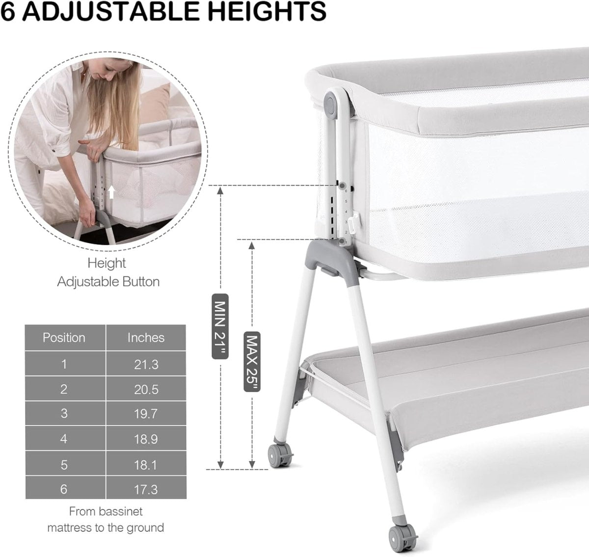 ANGELBLISS Baby Bassinet Bedside Sleeper, Easy Folding Portable Bassinet for Baby with Wheels, Adjustable Height, Included Mattress - LittleTreasures