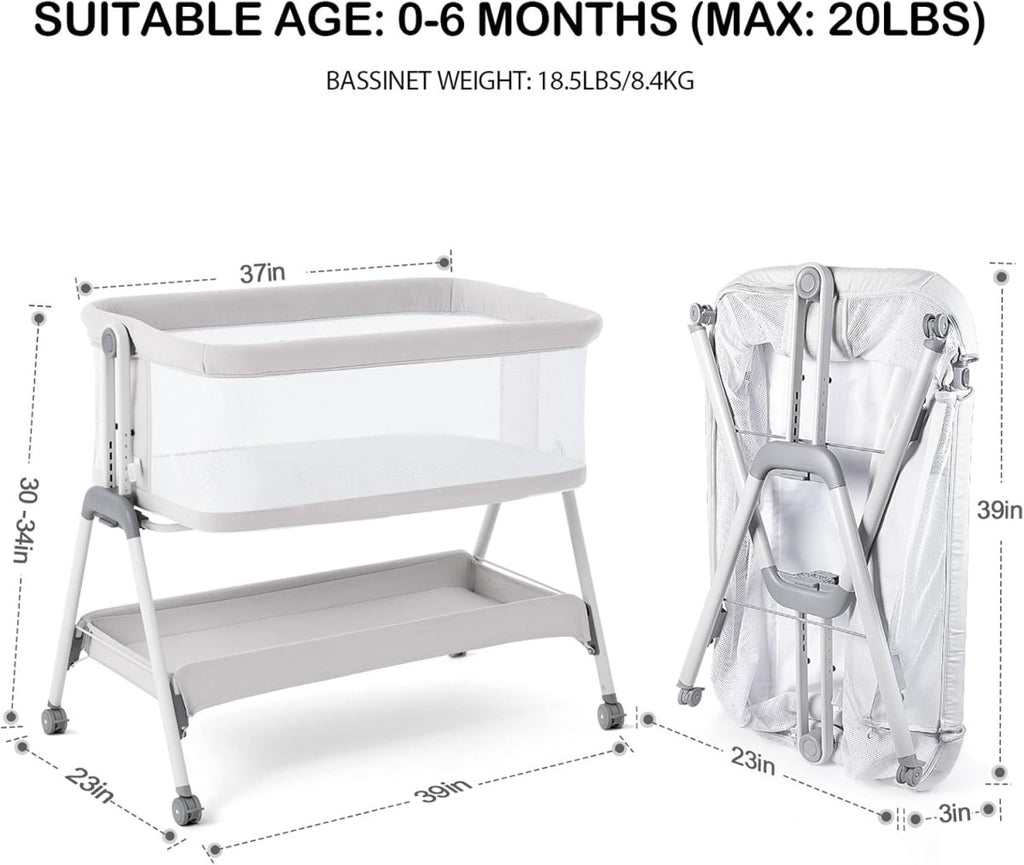 ANGELBLISS Baby Bassinet Bedside Sleeper, Easy Folding Portable Bassinet for Baby with Wheels, Adjustable Height, Included Mattress - LittleTreasures