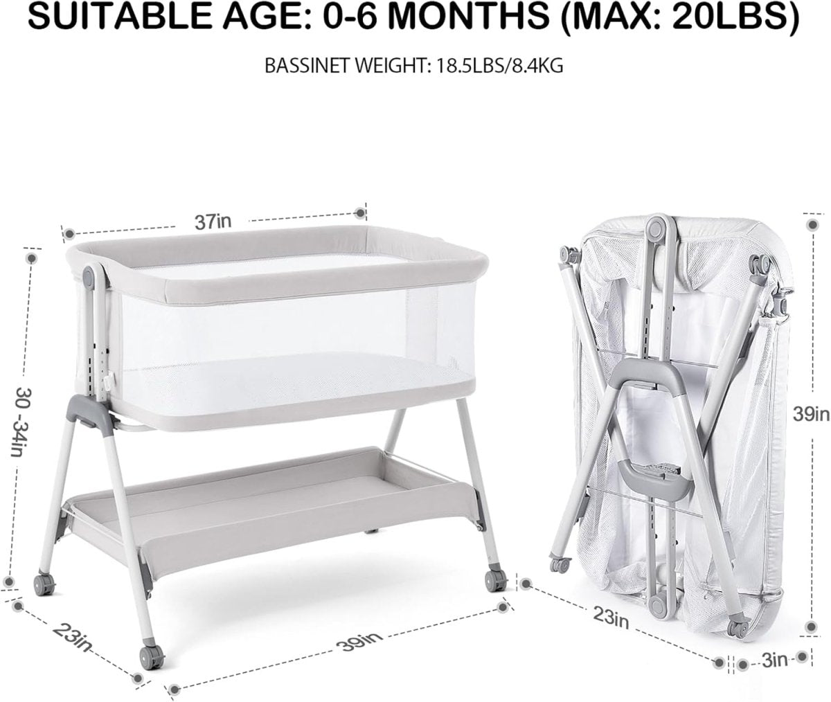 ANGELBLISS Baby Bassinet Bedside Sleeper, Easy Folding Portable Bassinet for Baby with Wheels, Adjustable Height, Included Mattress - LittleTreasures
