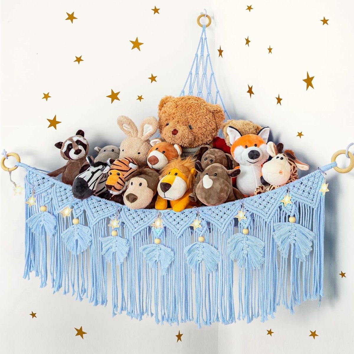 ANROYE Macrame Stuffed Animal Toy Net Hammock with Star Light, Small Plushies Boho Storage for Nursery, Corner Wall Hanging Organizer for Kid, Bohemian Woven Decor Display Holder for Girls Boy Gift - LittleTreasures