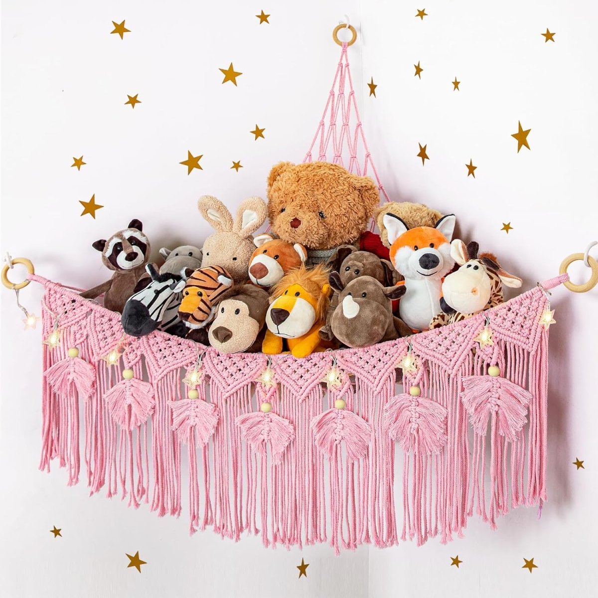 ANROYE Macrame Stuffed Animal Toy Net Hammock with Star Light, Small Plushies Boho Storage for Nursery, Corner Wall Hanging Organizer for Kid, Bohemian Woven Decor Display Holder for Girls Boy Gift - LittleTreasures