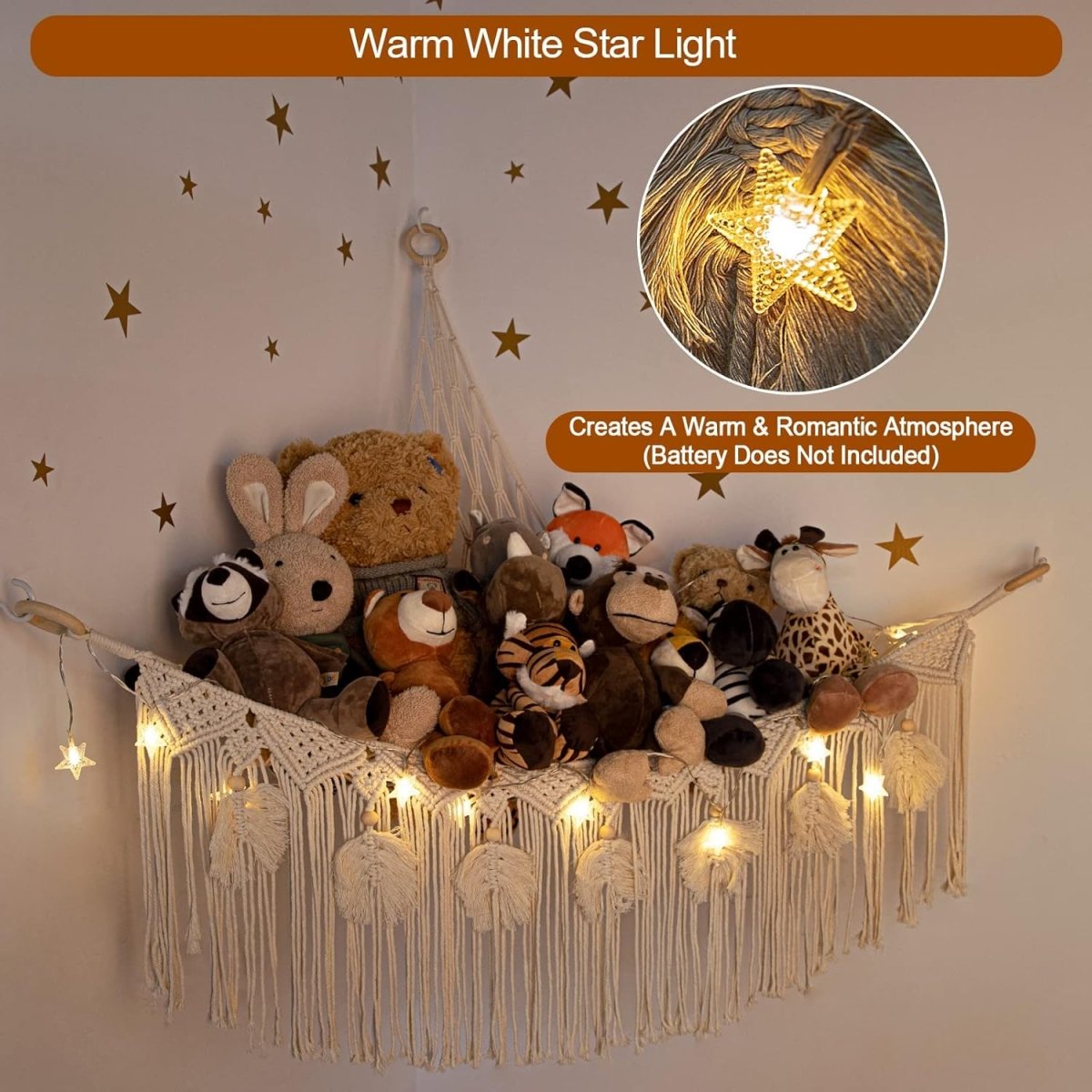 ANROYE Macrame Stuffed Animal Toy Net Hammock with Star Light, Small Plushies Boho Storage for Nursery, Corner Wall Hanging Organizer for Kid, Bohemian Woven Decor Display Holder for Girls Boy Gift - LittleTreasures