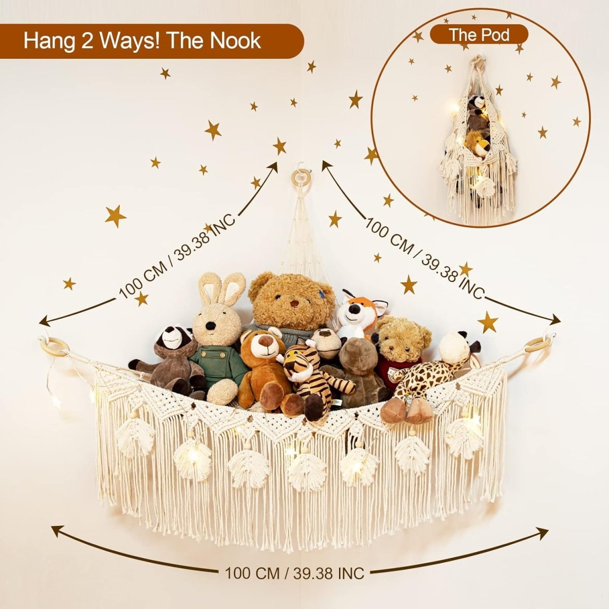 ANROYE Macrame Stuffed Animal Toy Net Hammock with Star Light, Small Plushies Boho Storage for Nursery, Corner Wall Hanging Organizer for Kid, Bohemian Woven Decor Display Holder for Girls Boy Gift - LittleTreasures