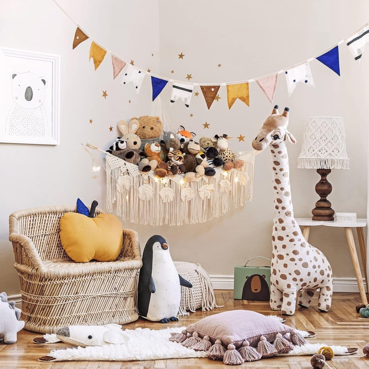 ANROYE Macrame Stuffed Animal Toy Net Hammock with Star Light, Small Plushies Boho Storage for Nursery, Corner Wall Hanging Organizer for Kid, Bohemian Woven Decor Display Holder for Girls Boy Gift - LittleTreasures