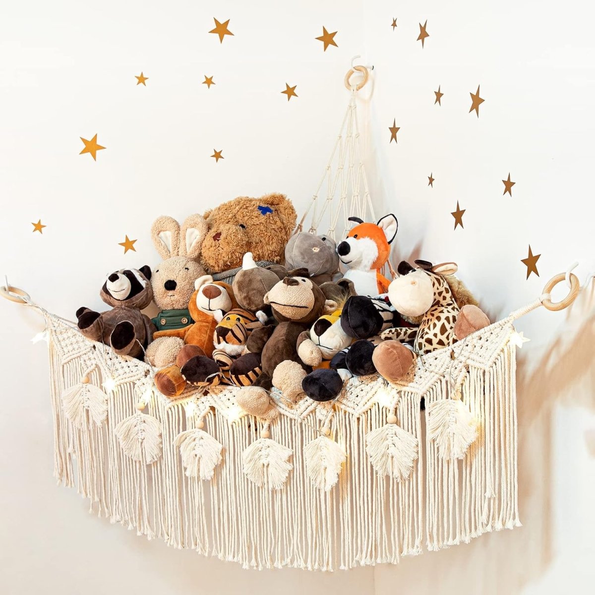 ANROYE Macrame Stuffed Animal Toy Net Hammock with Star Light, Small Plushies Boho Storage for Nursery, Corner Wall Hanging Organizer for Kid, Bohemian Woven Decor Display Holder for Girls Boy Gift - LittleTreasures