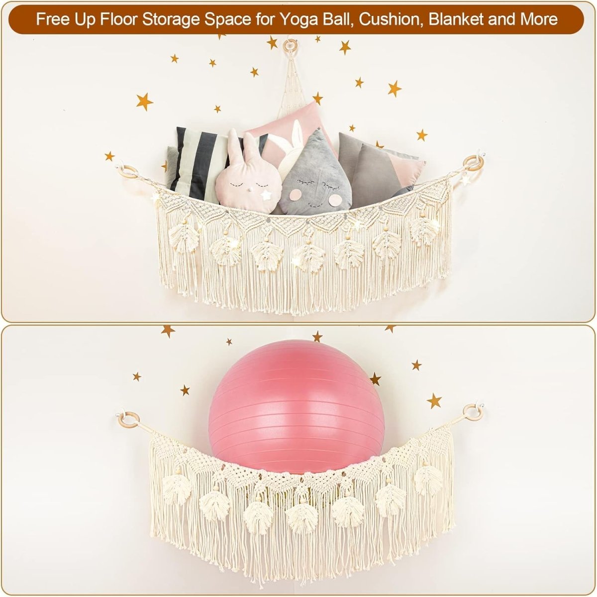 ANROYE Macrame Stuffed Animal Toy Net Hammock with Star Light, Small Plushies Boho Storage for Nursery, Corner Wall Hanging Organizer for Kid, Bohemian Woven Decor Display Holder for Girls Boy Gift - LittleTreasures