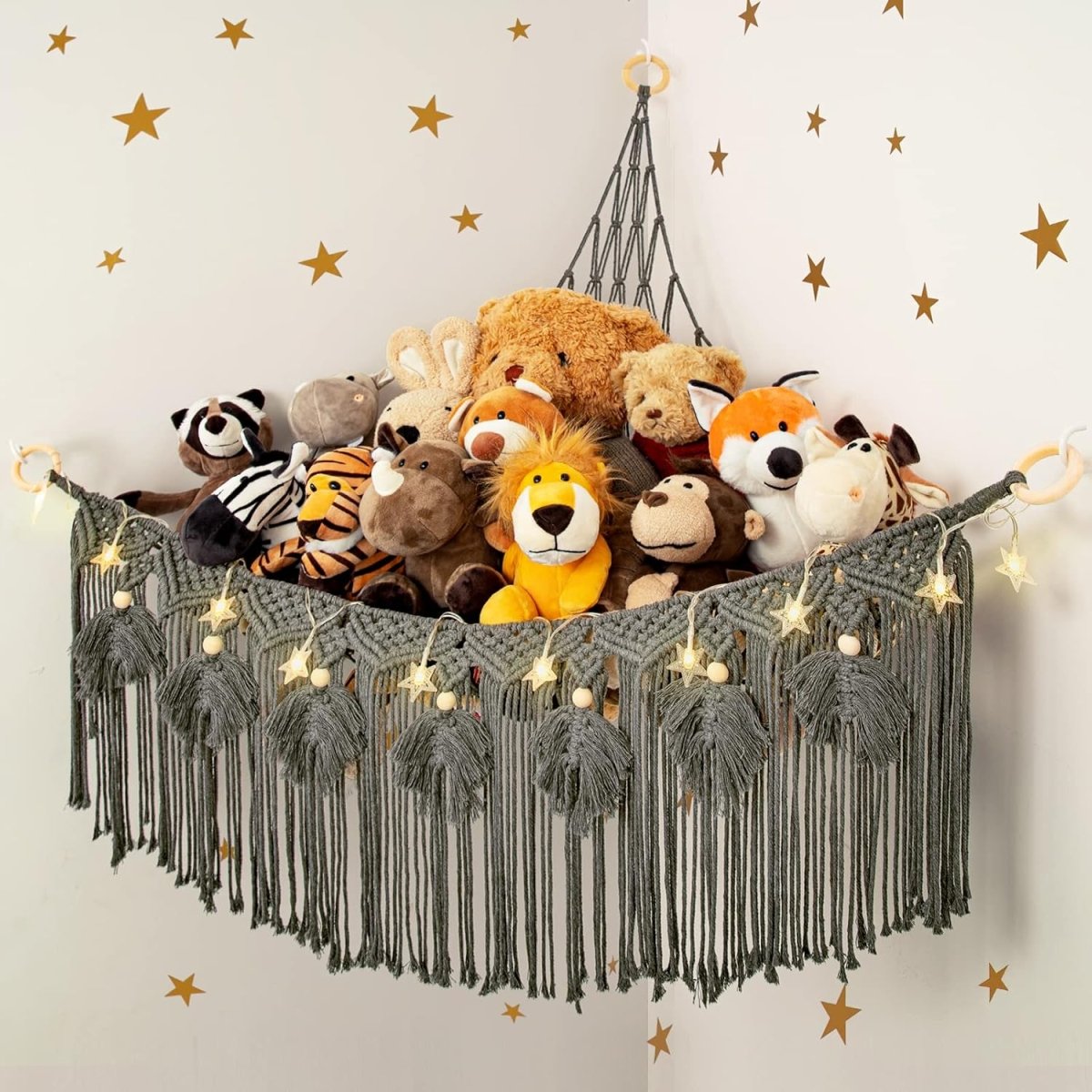ANROYE Macrame Stuffed Animal Toy Net Hammock with Star Light, Small Plushies Boho Storage for Nursery, Corner Wall Hanging Organizer for Kid, Bohemian Woven Decor Display Holder for Girls Boy Gift - LittleTreasures