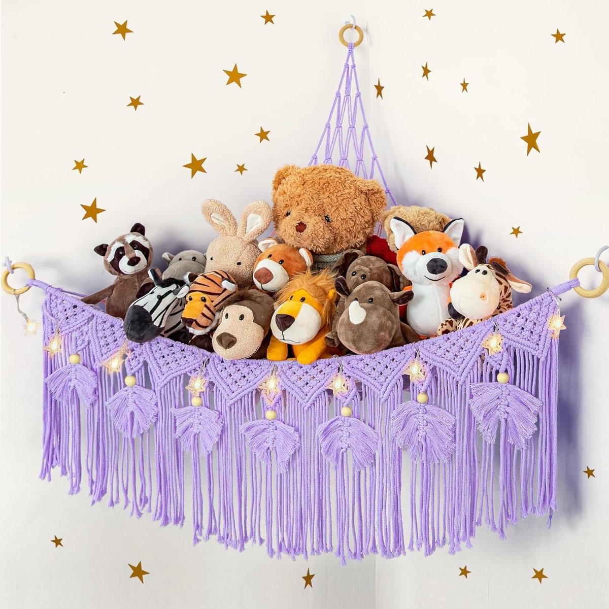 ANROYE Macrame Stuffed Animal Toy Net Hammock with Star Light, Small Plushies Boho Storage for Nursery, Corner Wall Hanging Organizer for Kid, Bohemian Woven Decor Display Holder for Girls Boy Gift - LittleTreasures