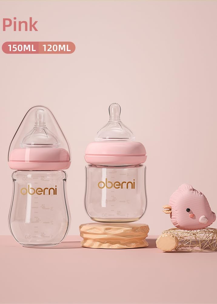 Anti - Colic Glass Baby Bottle, 5oz/150ml with Natural Response Slow Flow Beast - Like Nipple for 0 - 3 Months Newborn Babies Milk Feeding, Pink/2 Pack - LittleTreasures