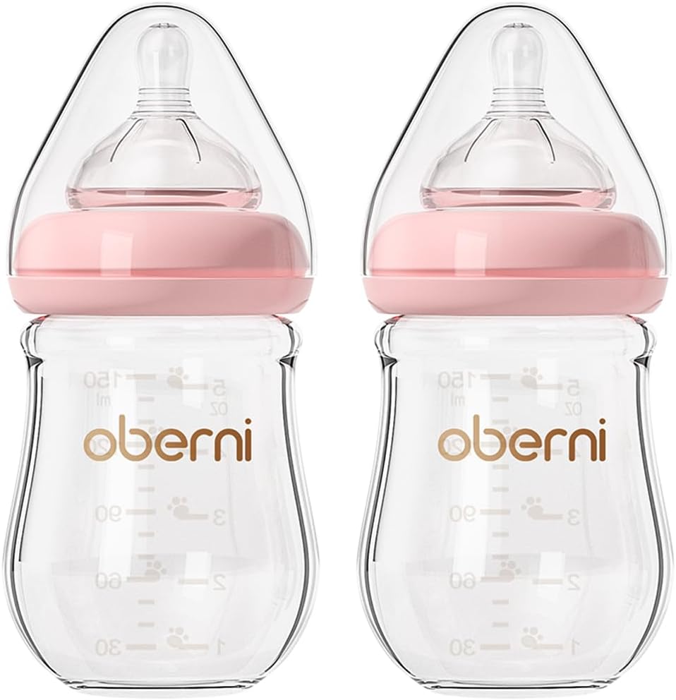 Anti - Colic Glass Baby Bottle, 5oz/150ml with Natural Response Slow Flow Beast - Like Nipple for 0 - 3 Months Newborn Babies Milk Feeding, Pink/2 Pack - LittleTreasures