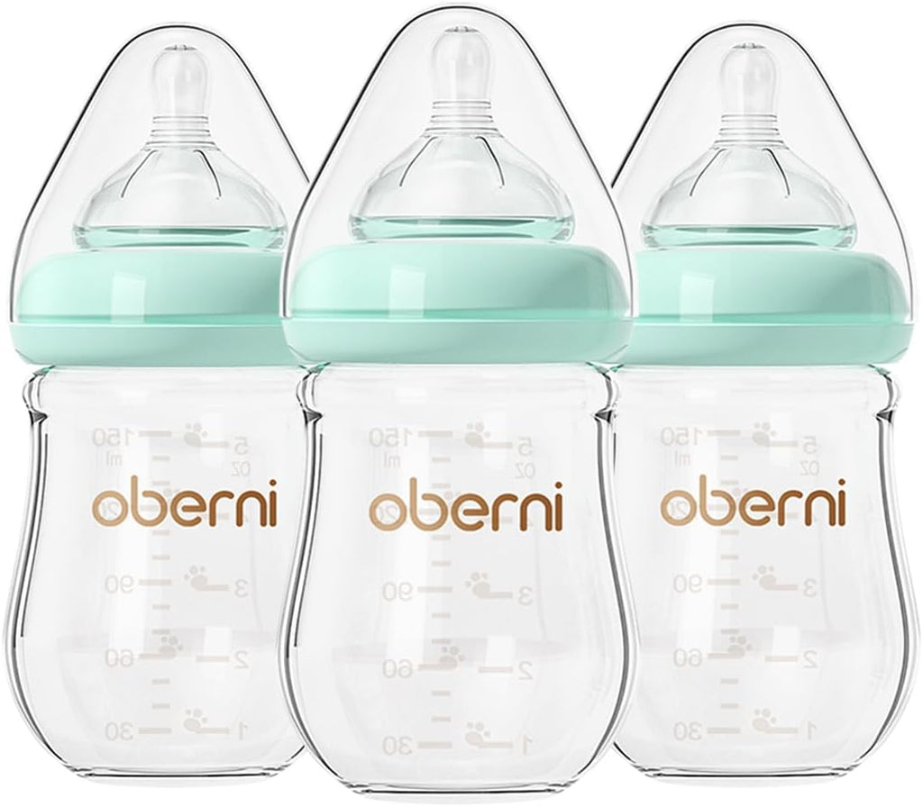 Anti - Colic Glass Baby Bottle, 5oz/150ml with Natural Response Slow Flow Beast - Like Nipple for 0 - 3 Months Newborn Babies Milk Feeding, Pink/2 Pack - LittleTreasures