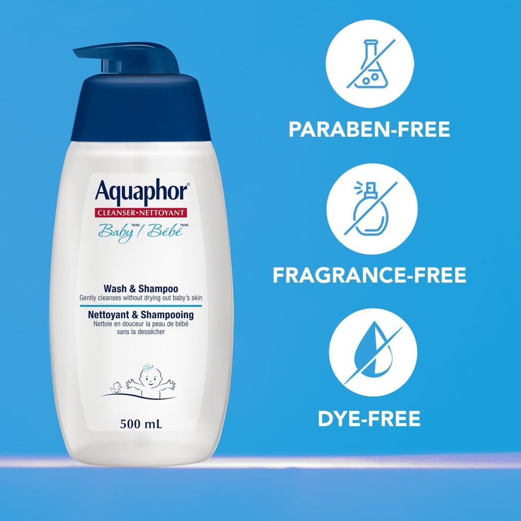 Aquaphor Baby Wash & Shampoo for Baby's Sensitive Skin, Hypoallergenic, Tear Free Baby Shampoo and Body Wash, Enriched with Provitamin B5, Fragrance Free, Recommended by U.S. Pediatricians, 500mL - LittleTreasures