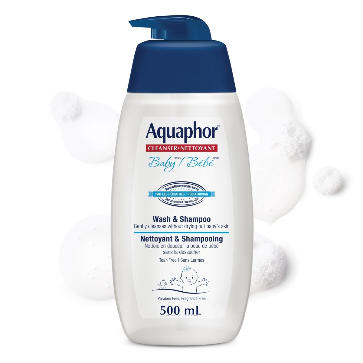 Aquaphor Baby Wash & Shampoo for Baby's Sensitive Skin, Hypoallergenic, Tear Free Baby Shampoo and Body Wash, Enriched with Provitamin B5, Fragrance Free, Recommended by U.S. Pediatricians, 500mL - LittleTreasures