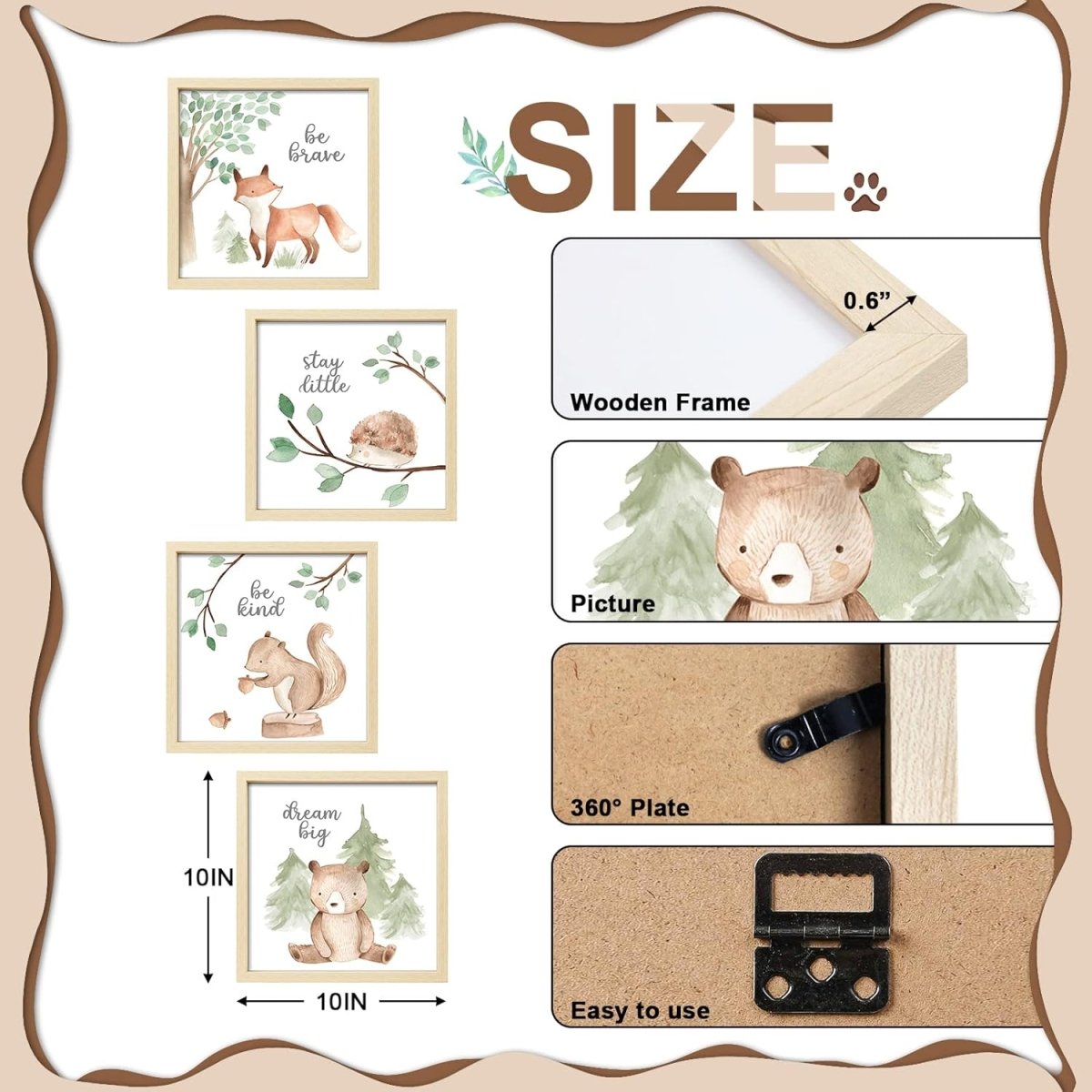 ArtbyHannah Framed Woodland Nursery Wall Decor, Safari Nursery Decor with Inspirational Quotes, Cute Animals Prints in 10x10 inch Wood Picture Frames with Acrylic Panel for Baby Room, Kids Playroom, Light - Wood Decoration（4 Pack, Fox, Owl, Squirrel, Bear) - LittleTreasures