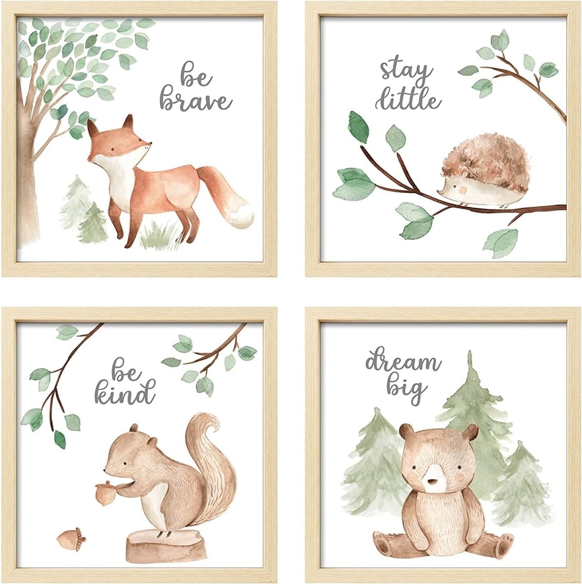 ArtbyHannah Framed Woodland Nursery Wall Decor, Safari Nursery Decor with Inspirational Quotes, Cute Animals Prints in 10x10 inch Wood Picture Frames with Acrylic Panel for Baby Room, Kids Playroom, Light - Wood Decoration（4 Pack, Fox, Owl, Squirrel, Bear) - LittleTreasures