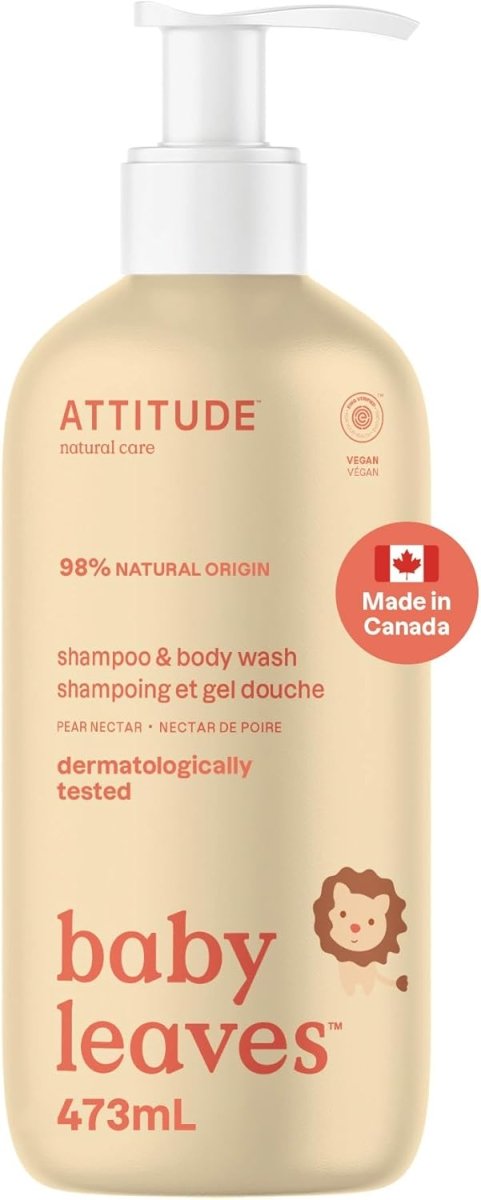 ATTITUDE Baby 2 - in - 1 Shampoo and Body Wash, Made in Canada, EWG Verified, Dermatologically Tested, Vegan, Pear Nectar, 473 mL - LittleTreasures