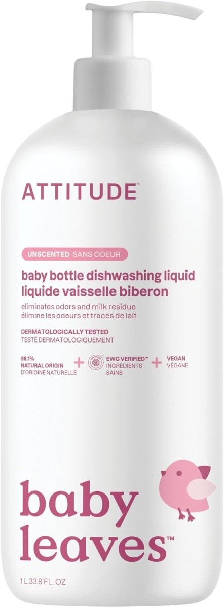 ATTITUDE Baby Dish Soap and Bottle Cleaner, Made in Canada, EWG Verified Dishwashing Liquid, No Added Dyes or Fragrances, Tough on Milk Residue and Grease, Vegan, Pear Nectar, 700 mL - LittleTreasures