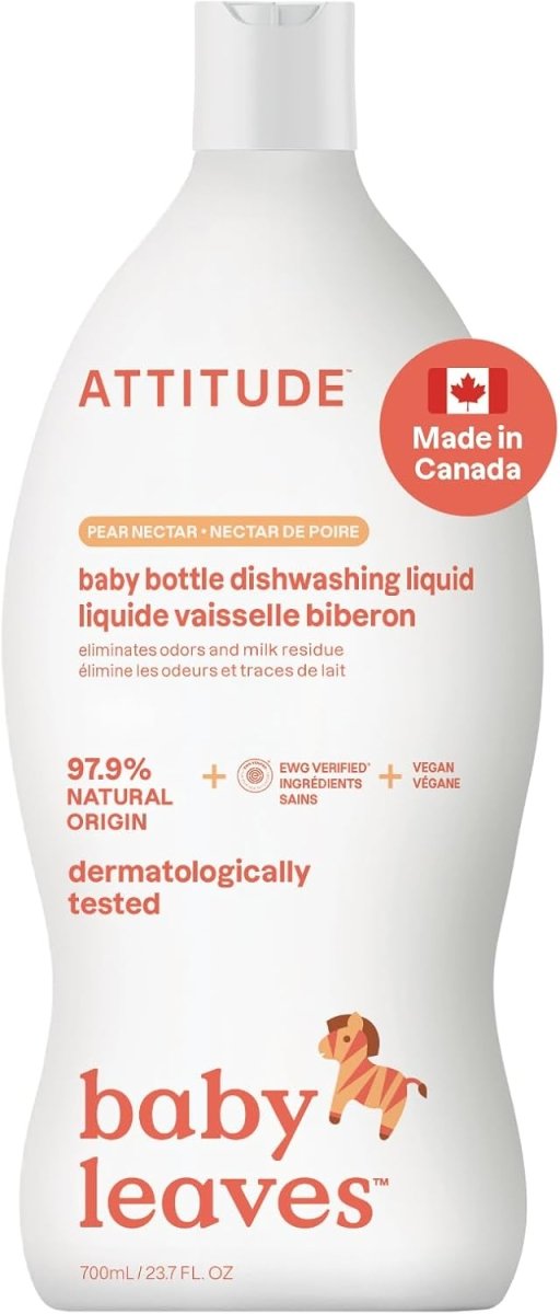 ATTITUDE Baby Dish Soap and Bottle Cleaner, Made in Canada, EWG Verified Dishwashing Liquid, No Added Dyes or Fragrances, Tough on Milk Residue and Grease, Vegan, Pear Nectar, 700 mL - LittleTreasures
