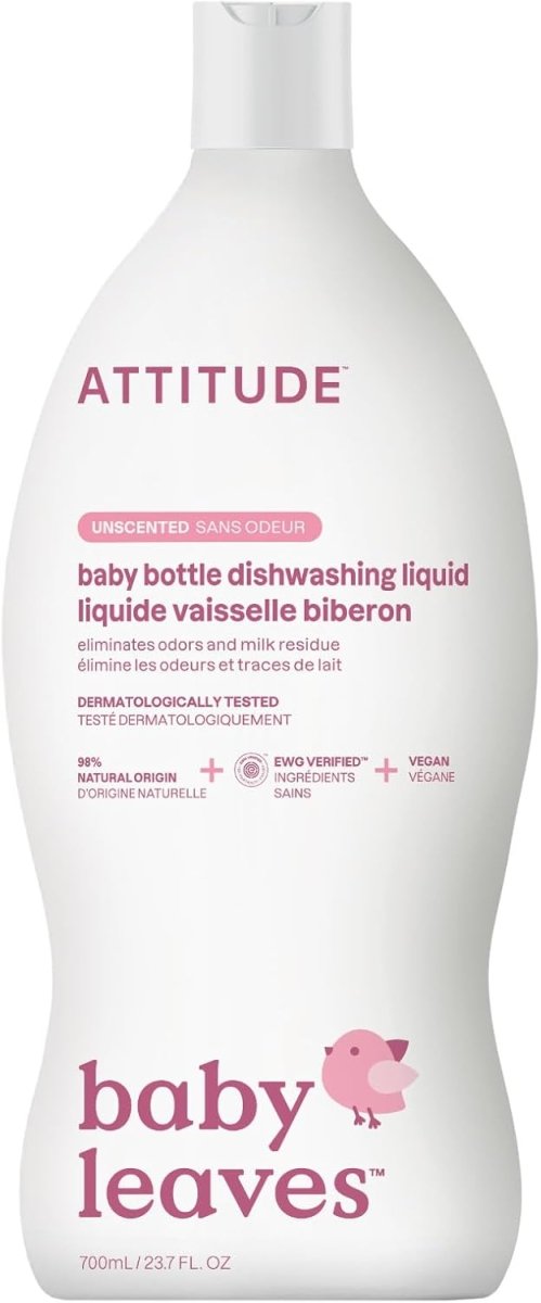 ATTITUDE Baby Dish Soap and Bottle Cleaner, Made in Canada, EWG Verified Dishwashing Liquid, No Added Dyes or Fragrances, Tough on Milk Residue and Grease, Vegan, Pear Nectar, 700 mL - LittleTreasures