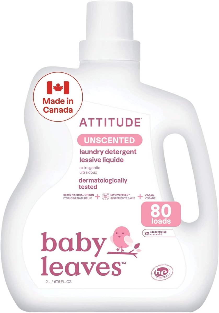 ATTITUDE Baby Laundry Detergent Liquid, Made in Canada, EWG Verified, Safe for Baby Clothes, Infant and Newborn, Vegan and Naturally Derived Washing Soap, HE Compatible, Unscented, 80 Loads, 2 Liters - LittleTreasures