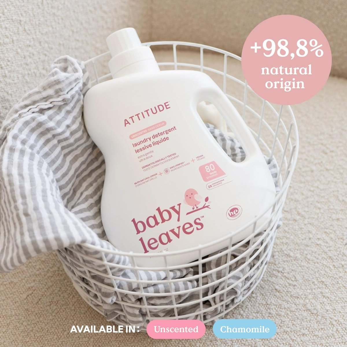 ATTITUDE Baby Laundry Detergent Liquid, Made in Canada, EWG Verified, Safe for Baby Clothes, Infant and Newborn, Vegan and Naturally Derived Washing Soap, HE Compatible, Unscented, 80 Loads, 2 Liters - LittleTreasures