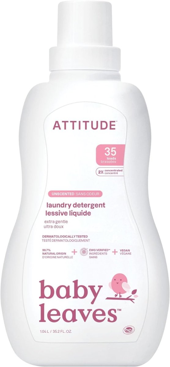 ATTITUDE Baby Laundry Detergent Liquid, Made in Canada, EWG Verified, Safe for Baby Clothes, Infant and Newborn, Vegan and Naturally Derived Washing Soap, HE Compatible, Unscented, 80 Loads, 2 Liters - LittleTreasures