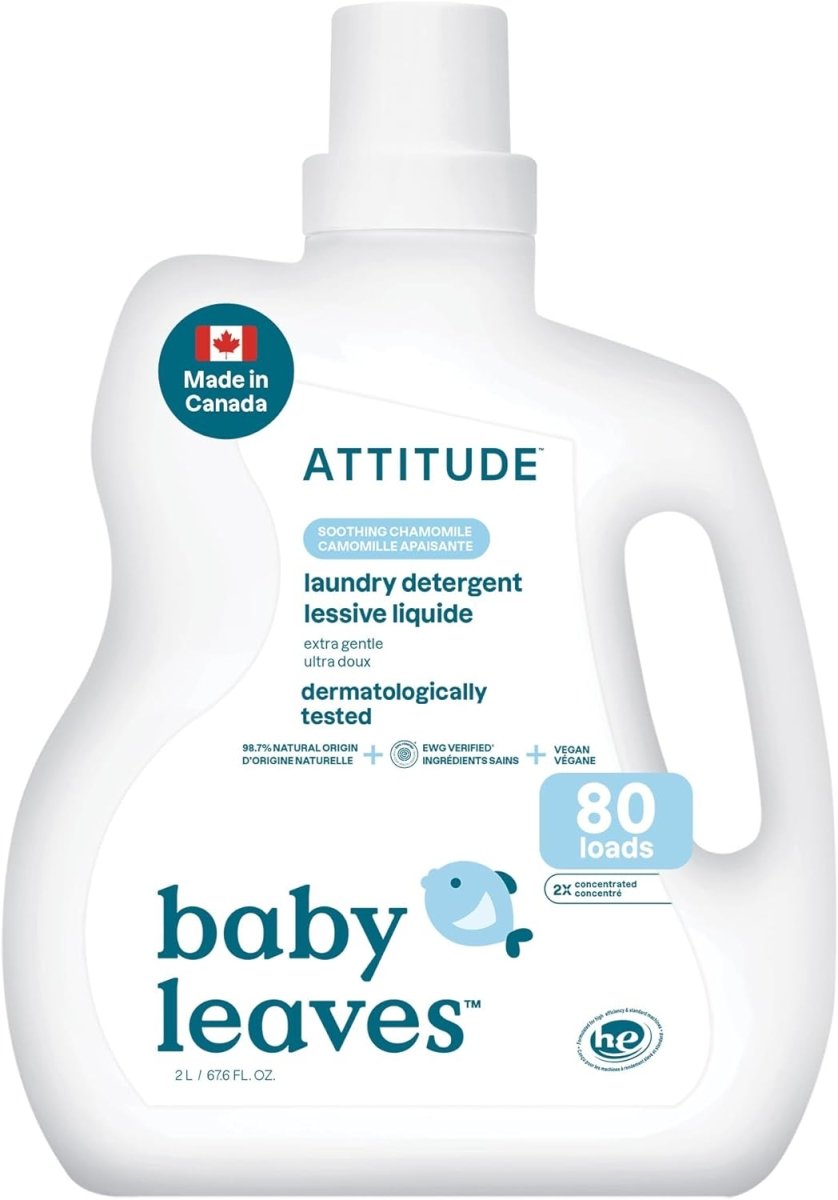 ATTITUDE Baby Laundry Detergent Liquid, Made in Canada, EWG Verified, Safe for Baby Clothes, Infant and Newborn, Vegan and Naturally Derived Washing Soap, HE Compatible, Unscented, 80 Loads, 2 Liters - LittleTreasures