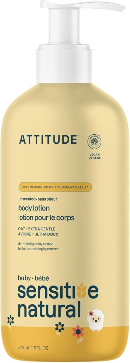 ATTITUDE Body Lotion for Baby with Sensitive Skin, Made in Canada, EWG Verified, Plant and Mineral - Based Ingredients, Vegan, Enriched with Oat, Unscented, 473 mL - LittleTreasures