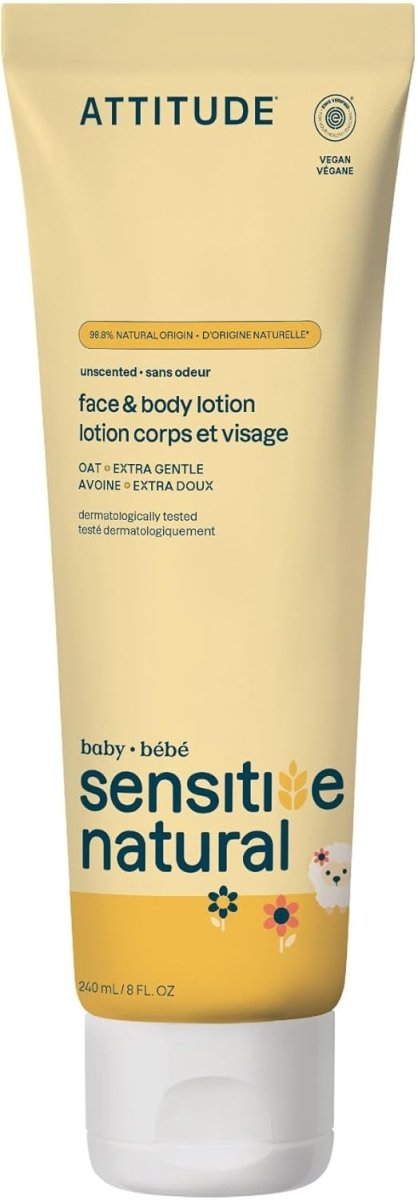 ATTITUDE Body Lotion for Baby with Sensitive Skin, Made in Canada, EWG Verified, Plant and Mineral - Based Ingredients, Vegan, Enriched with Oat, Unscented, 473 mL - LittleTreasures