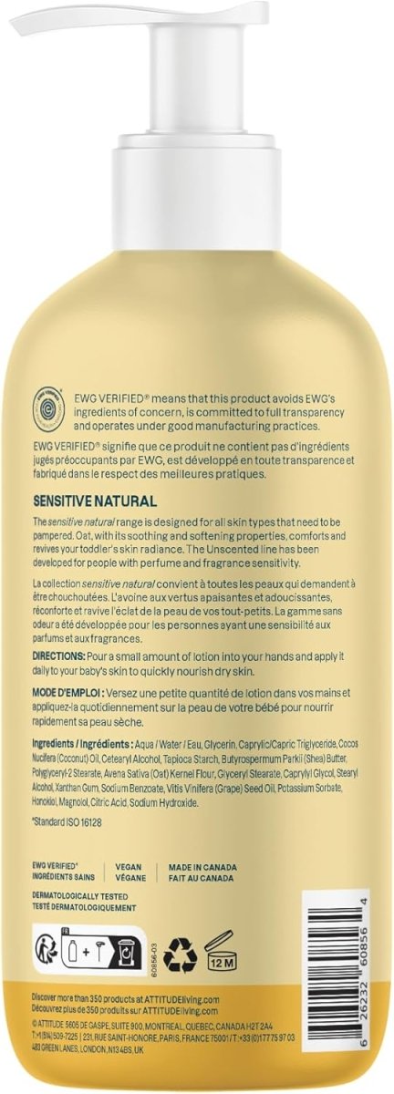 ATTITUDE Body Lotion for Baby with Sensitive Skin, Made in Canada, EWG Verified, Plant and Mineral - Based Ingredients, Vegan, Enriched with Oat, Unscented, 473 mL - LittleTreasures
