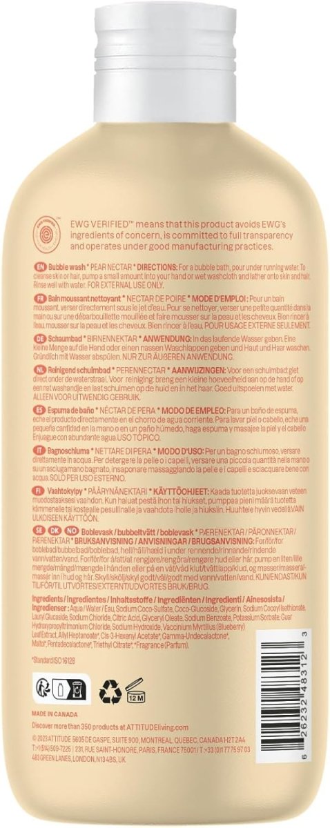 ATTITUDE Bubble Bath and Body Wash for Baby, Made in Canada, EWG Verified, Dermatologically Tested, Plant - and Mineral - Based Ingredients, Vegan and Cruelty - free, Pear Nectar, 473 mL - LittleTreasures