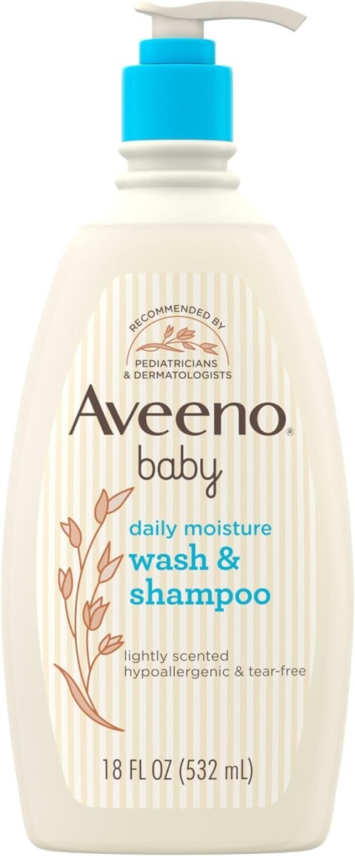 Aveeno Baby Daily Moisture Gentle Bath Wash & Shampoo with Natural Oat Extract, Hypoallergenic, Tear - Free & Paraben - Free Formula For Sensitive Hair & Skin, Lightly Scented, 532mL - LittleTreasures