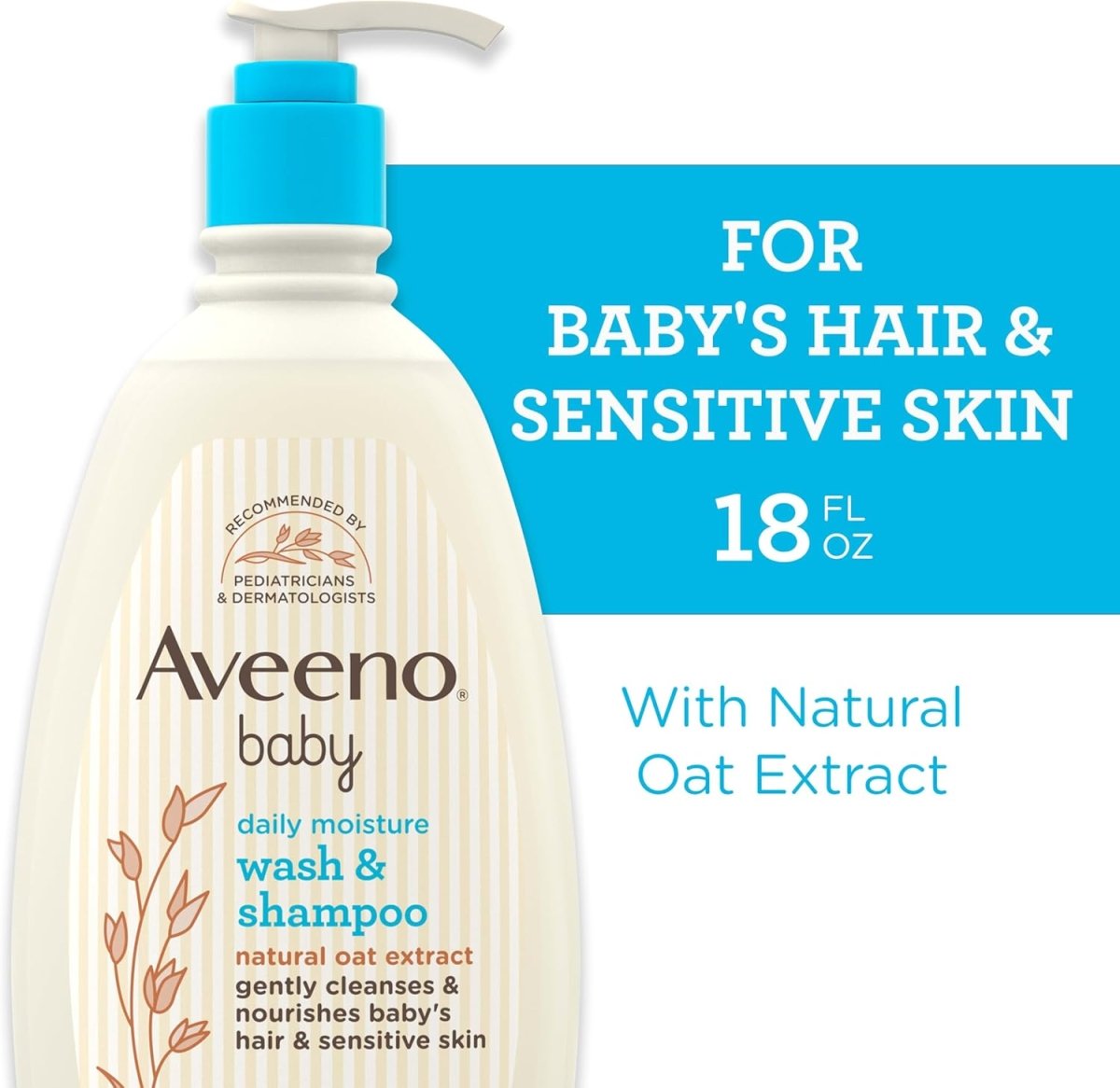 Aveeno Baby Daily Moisture Gentle Bath Wash & Shampoo with Natural Oat Extract, Hypoallergenic, Tear - Free & Paraben - Free Formula For Sensitive Hair & Skin, Lightly Scented, 532mL - LittleTreasures