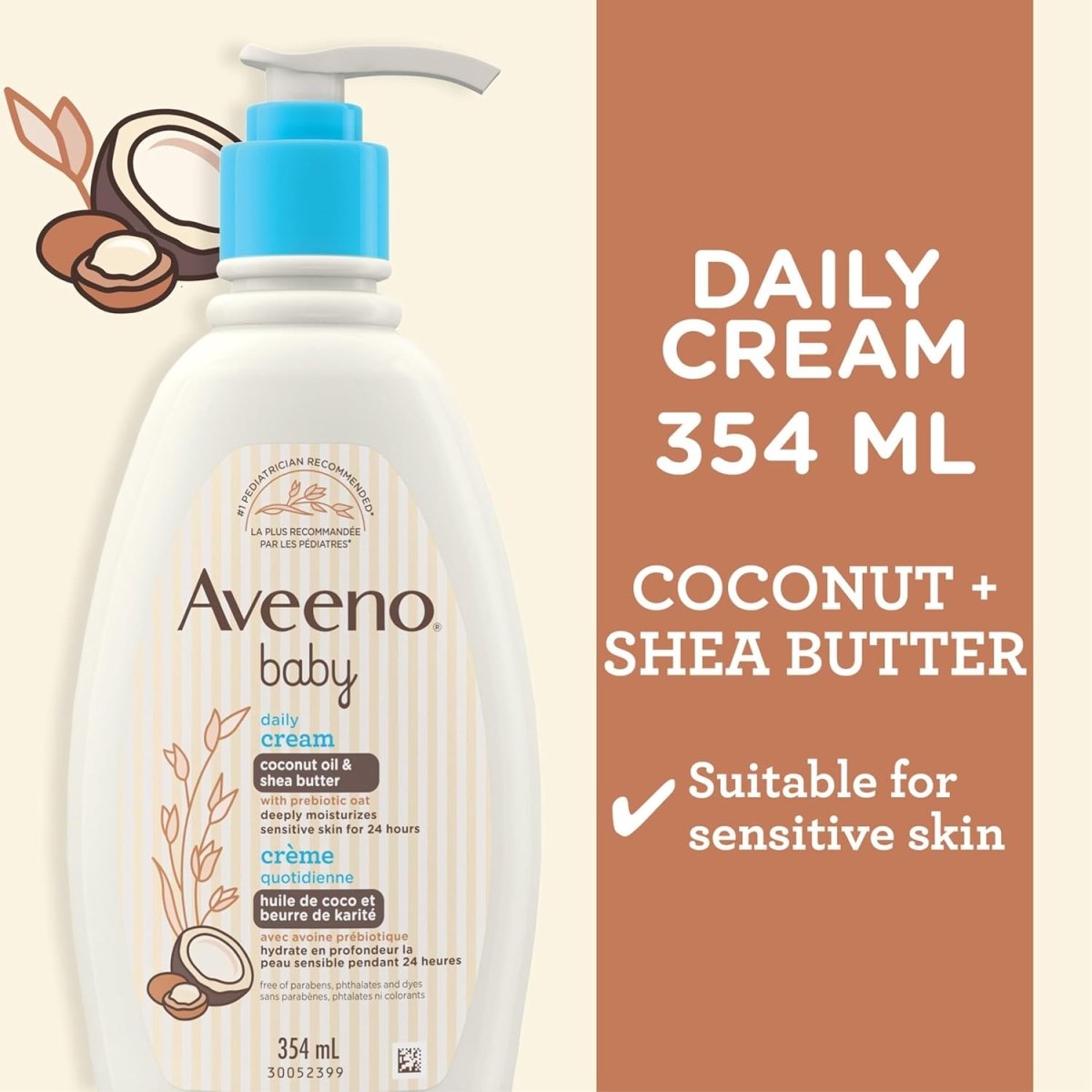 Aveeno Baby Daily Moisturizing Cream, Lightly Scented, Shea Butter, Coconut Oil, Prebiotic Oat, Hypoallergenic, 354 - mL - LittleTreasures