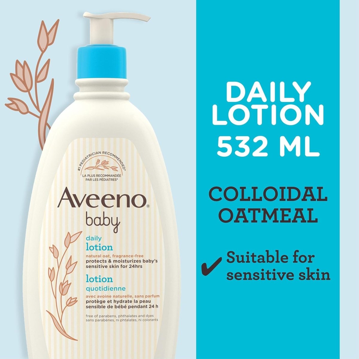 Aveeno Baby Lotion Daily Moisturizing - Natural Oat Formula for Sensitive Skin, 532mL - Gentle, Fragrance - Free Protection Body Lotion with up to 24 - Hour hydration - Pediatrician - Recommended Brand - LittleTreasures