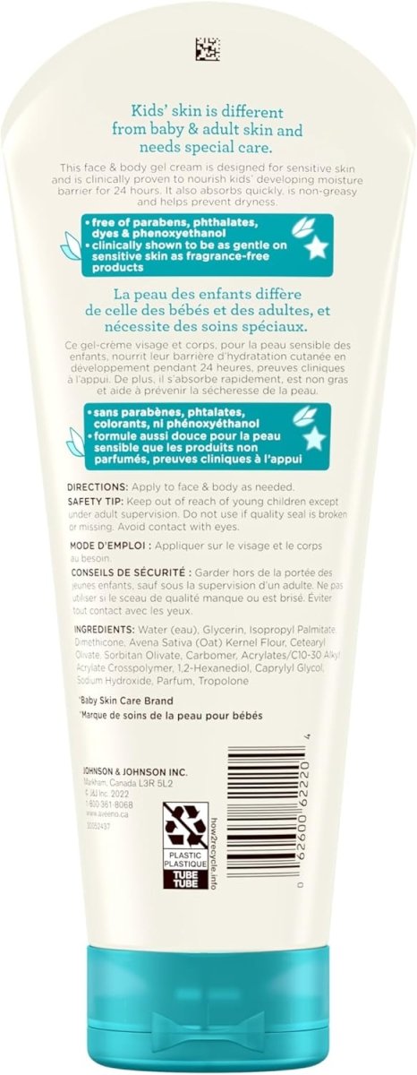 Aveeno Kids Face & Body Gel Cream, Prebiotic Oat Moisturizer, Hypoallergenic Lotion, Sensitive Skin Body Cream, 227 mL - LittleTreasures