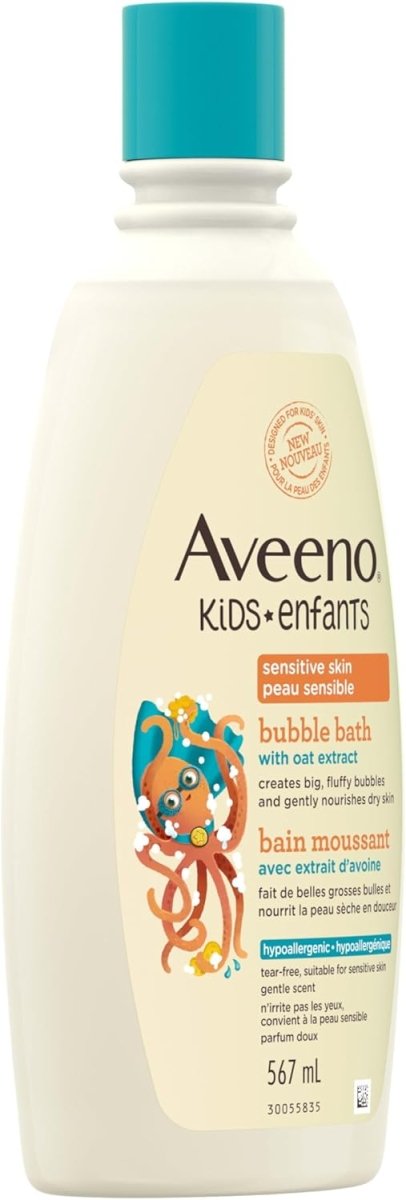 Aveeno Kids Sensitive Skin Bubble Bath, Children's Bubble Bath for Sensitive Skin with Oat Extract, Kid's Bath Liquid Nourishes Dry Skin & Makes Big, Fluffy Bubbles for Bath Time Fun, Dye - Free, 567 mL - LittleTreasures