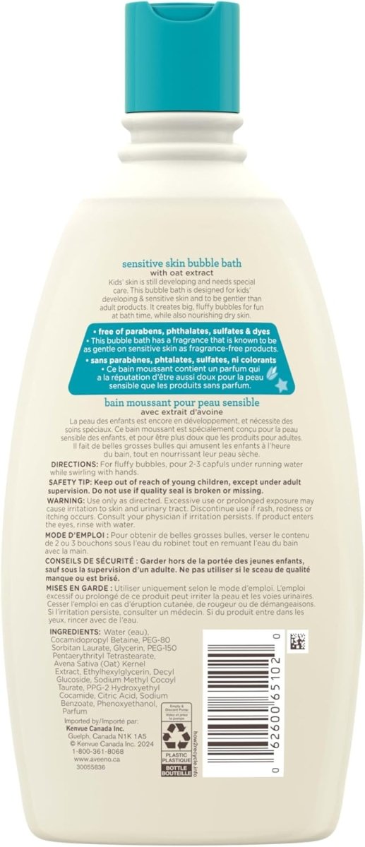 Aveeno Kids Sensitive Skin Bubble Bath, Children's Bubble Bath for Sensitive Skin with Oat Extract, Kid's Bath Liquid Nourishes Dry Skin & Makes Big, Fluffy Bubbles for Bath Time Fun, Dye - Free, 567 mL - LittleTreasures