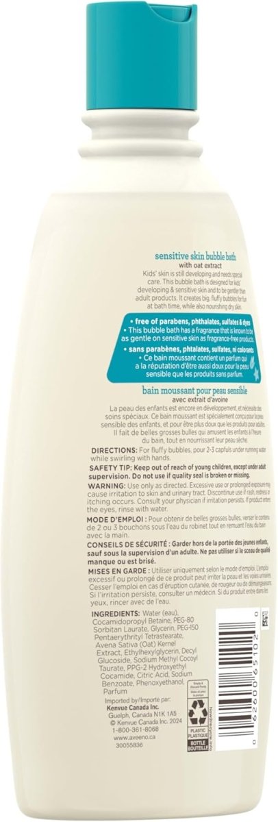 Aveeno Kids Sensitive Skin Bubble Bath, Children's Bubble Bath for Sensitive Skin with Oat Extract, Kid's Bath Liquid Nourishes Dry Skin & Makes Big, Fluffy Bubbles for Bath Time Fun, Dye - Free, 567 mL - LittleTreasures