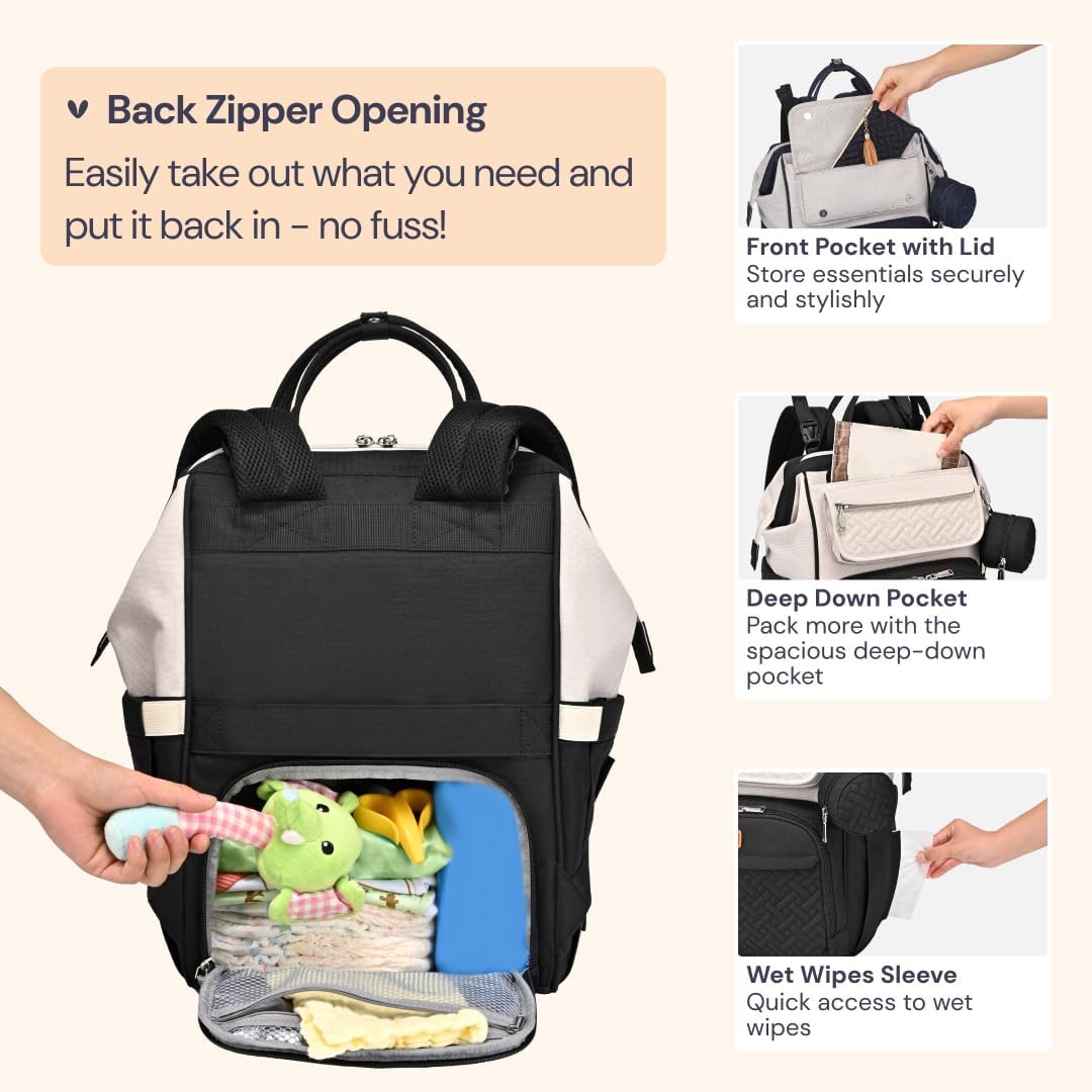 BabbleRoo Diaper Bag Backpack, Multifunction Nappy Changing Bag with Changing Pad, Stroller Straps & Pacifier Case - LittleTreasures