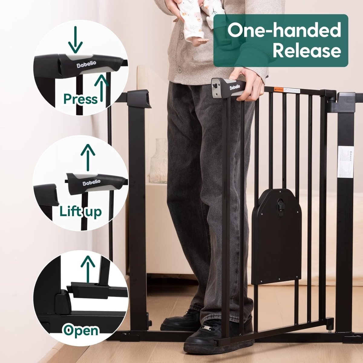 BABELIO Baby Gate with Cat Door - 29 - 43" Adjustable Metal Safety Gates for Doorways & Stairs, Auto Close Dog Gate with Small Pet Door, Includes 4 Wall Cups and 3 Extension Pieces, Black - LittleTreasures