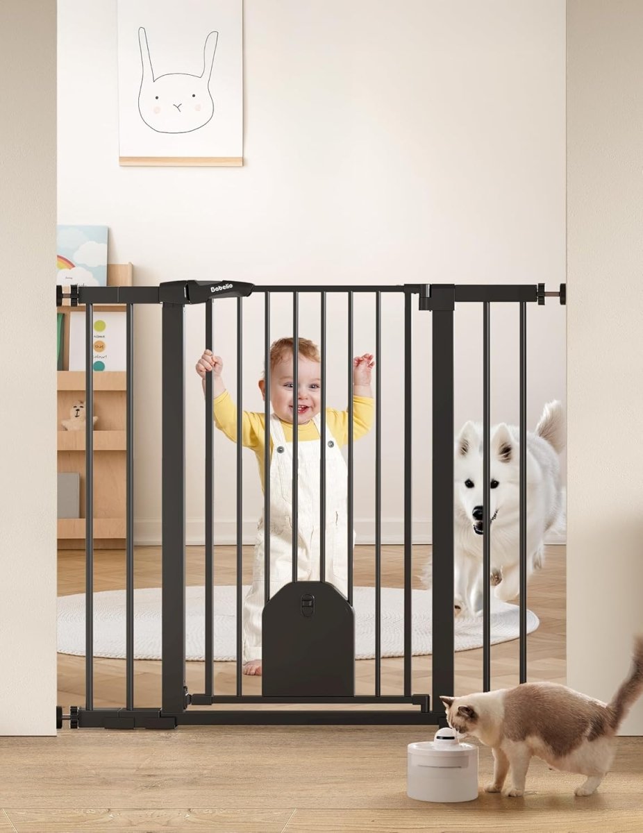 BABELIO Baby Gate with Cat Door - 29 - 43" Adjustable Metal Safety Gates for Doorways & Stairs, Auto Close Dog Gate with Small Pet Door, Includes 4 Wall Cups and 3 Extension Pieces, Black - LittleTreasures