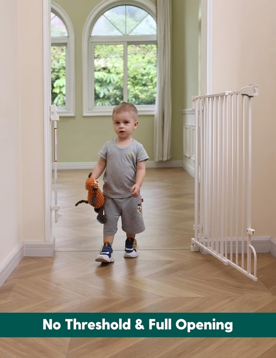Babelio No Bottom Bar Baby/Dog Gate for Stairs and Doorways | Easy to Remove and Install | Auto Close Function | Extra - Wide Walk Thru Door (White - R30 Flexpro) - LittleTreasures