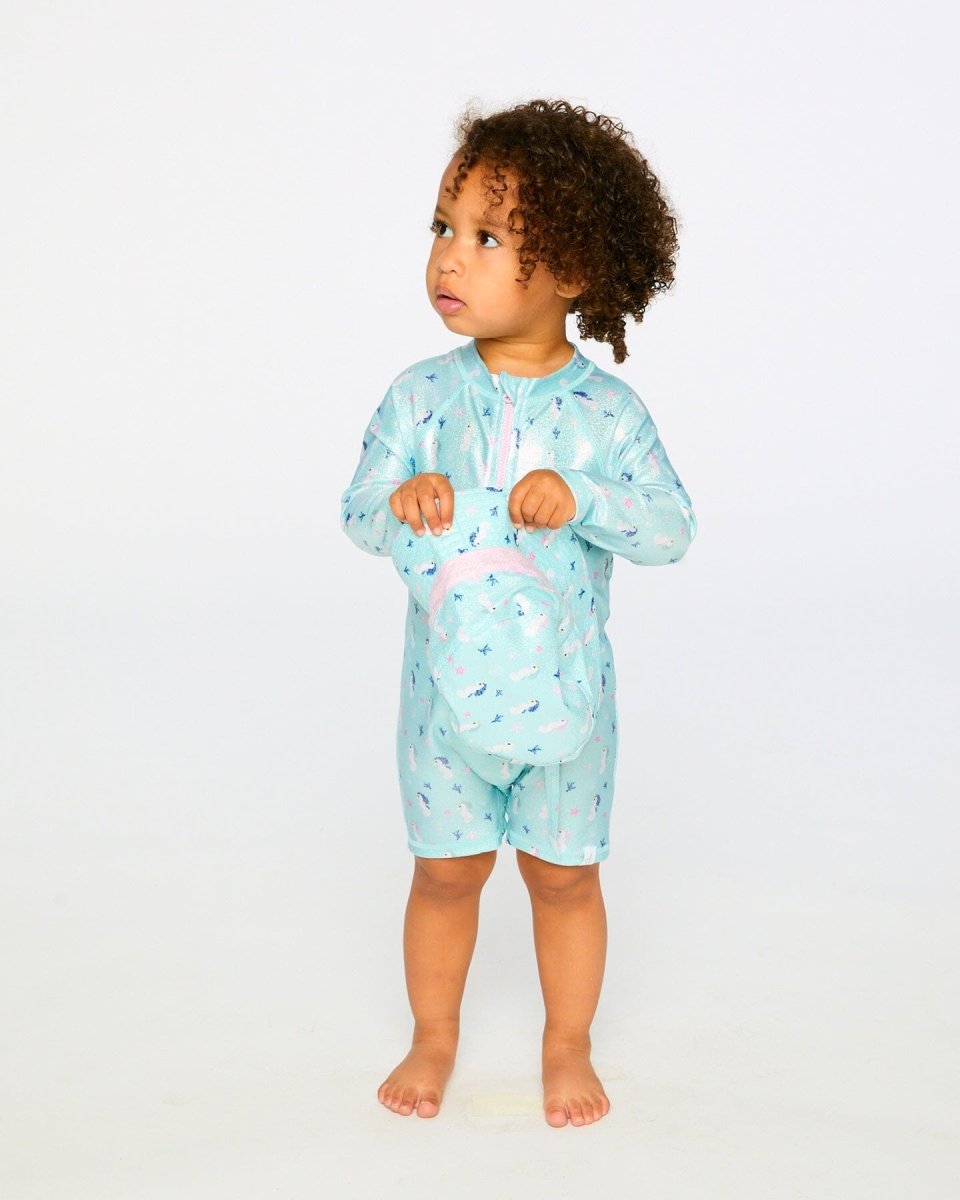 Baby And Toddler One - Piece Long Sleeve Rashguard Blue Seahorse Print - LittleTreasures