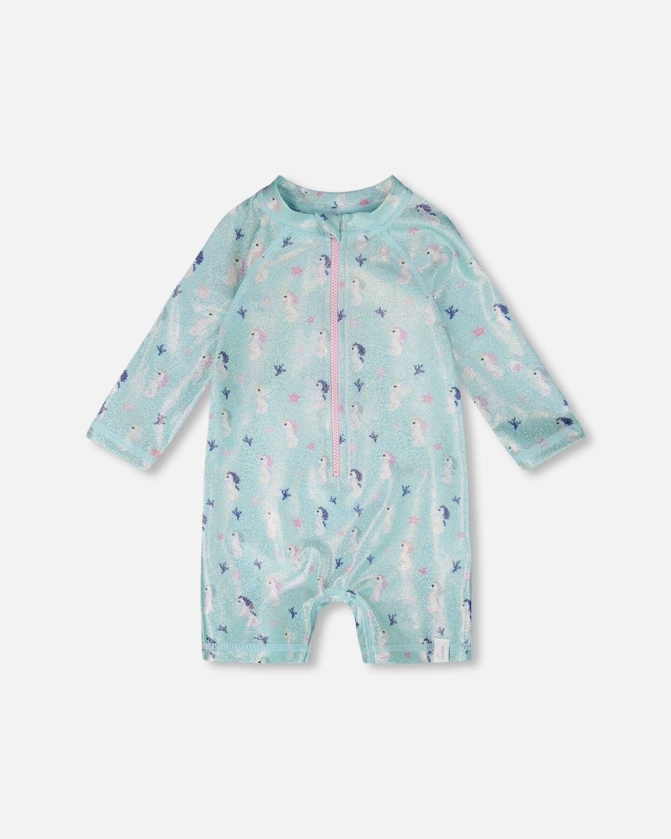 Baby And Toddler One - Piece Long Sleeve Rashguard Blue Seahorse Print - LittleTreasures