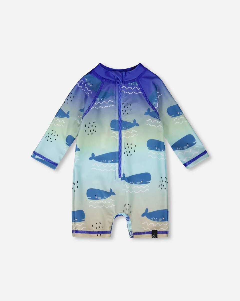 Baby And Toddlers One - Piece Long Sleeve Rashguard Blue Whale Print - LittleTreasures